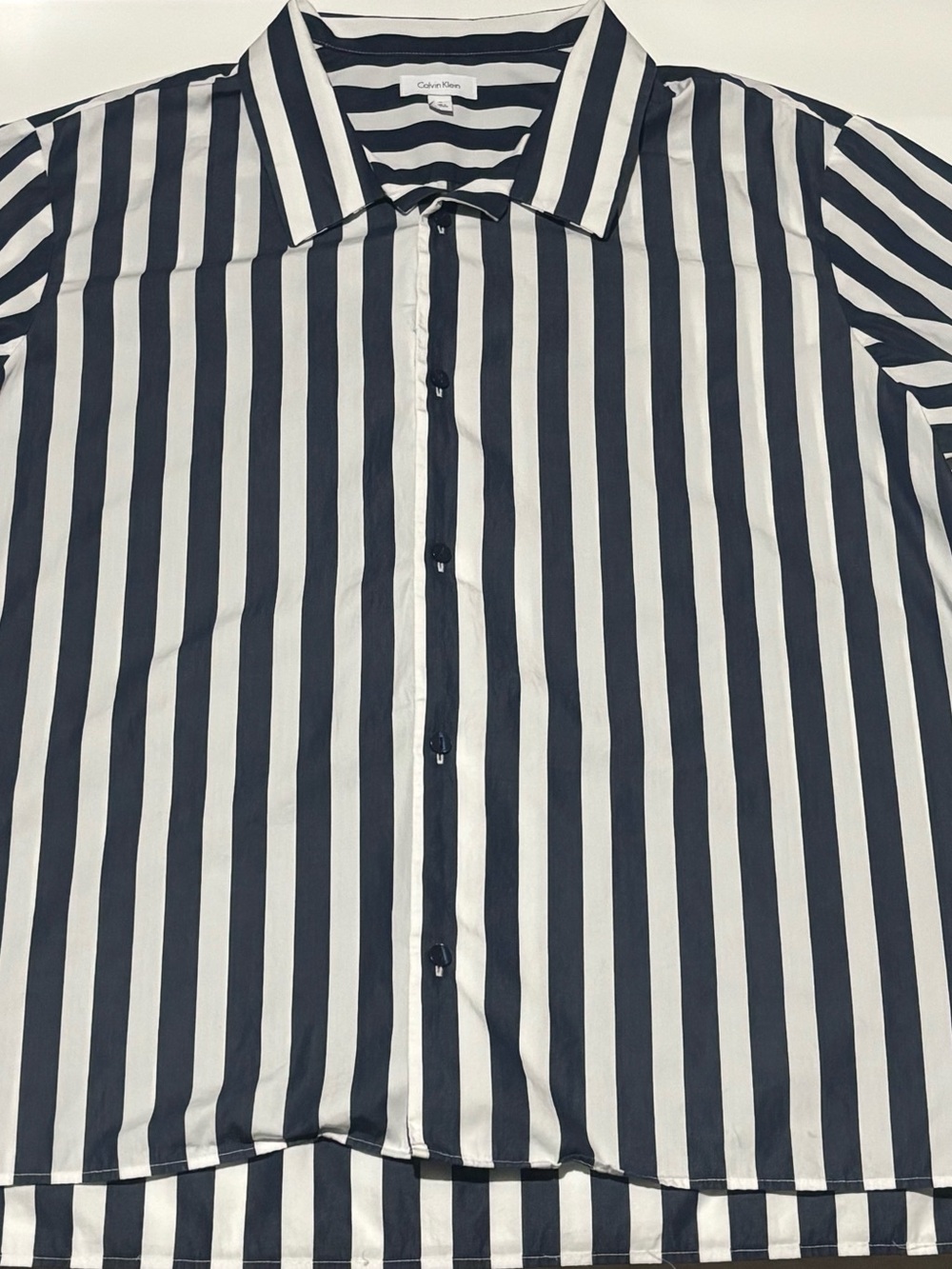 Calvin Klein Men’s Black and White Vertical Stripe Button-Down Shirt